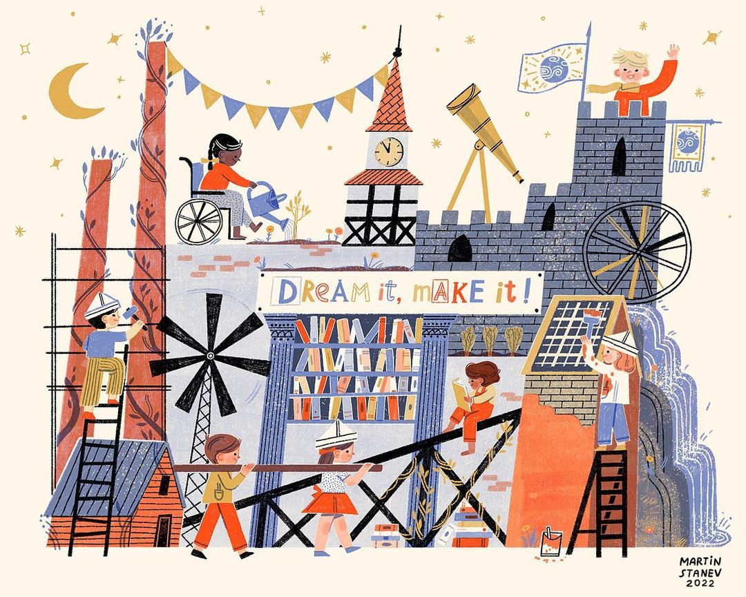 Illustration of children engaged in construction, with a girl in a wheelchair watering plants, set against a whimsical, imaginative backdrop.