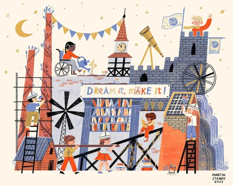Illustration of children engaged in construction, with a girl in a wheelchair watering plants, set against a whimsical, imaginative backdrop.