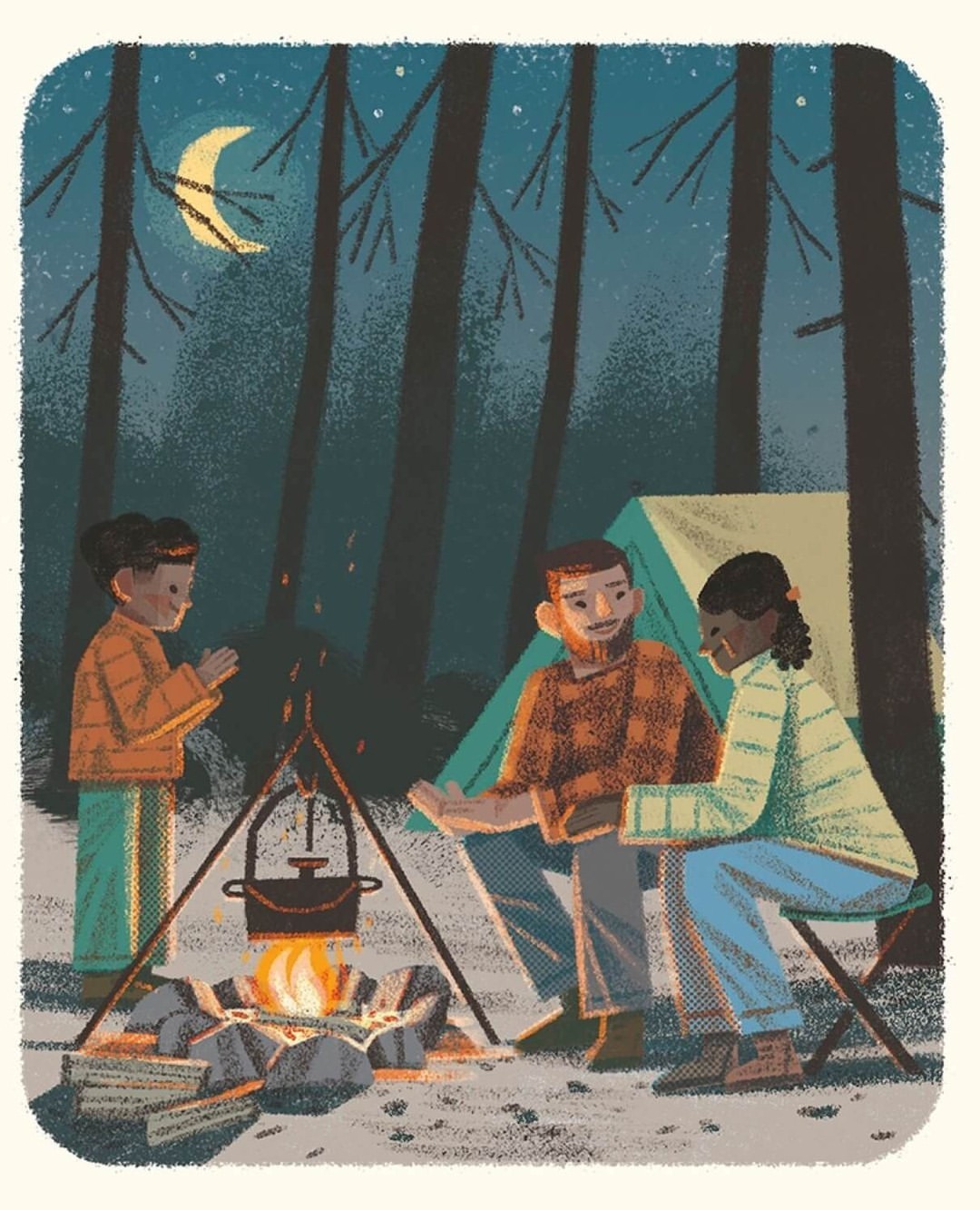 Illustration of a family camping at night around a campfire with a pot hanging over it, trees and a crescent moon in the background.
