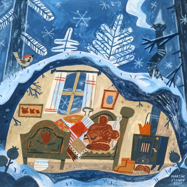Illustration of a person sleeping in a bed inside a snow cave, with forest trees visible outside. Warm interior scene with winter elements.