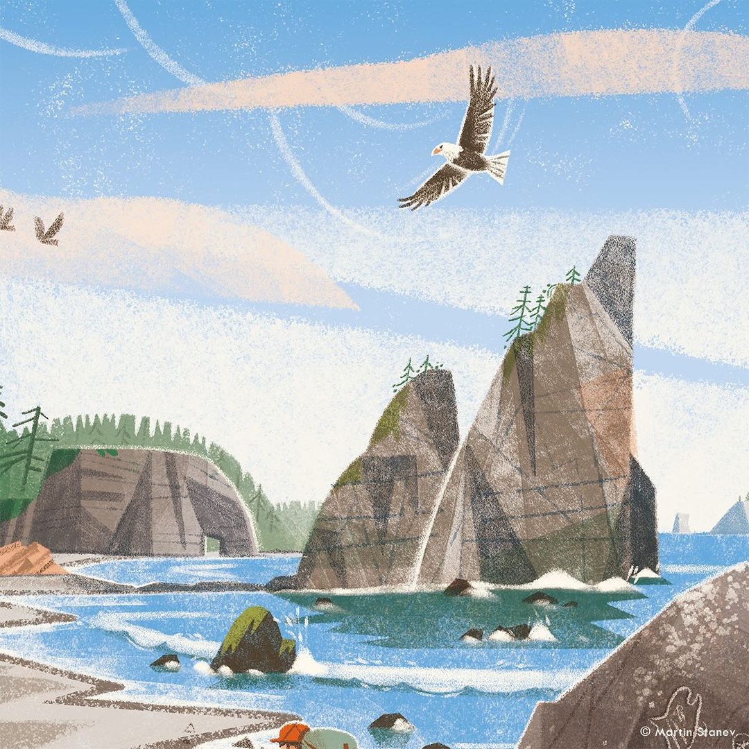 Illustration of a bald eagle flying over a rocky coastline with pine trees, cliffs, and waves under a blue sky with clouds.