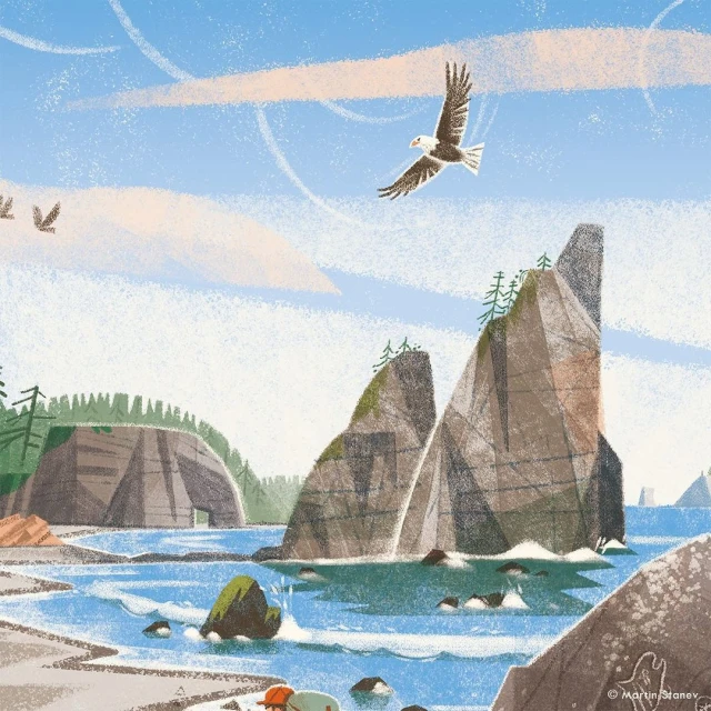 Illustration of a bald eagle flying over a rocky coastline with pine trees, cliffs, and waves under a blue sky with clouds.