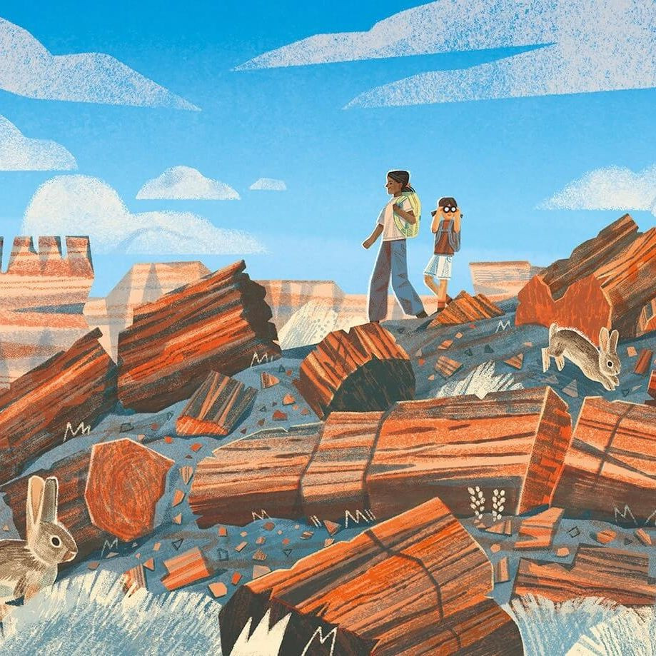 Illustration of an adult and child hiking through a rocky landscape with rabbits, featuring warm colors, a blue sky, and a canyon backdrop.