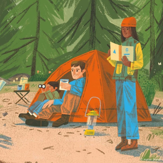 Illustration of a family camping in a forest, featuring adults and a child near an orange tent, trees, camping gear, and a book.