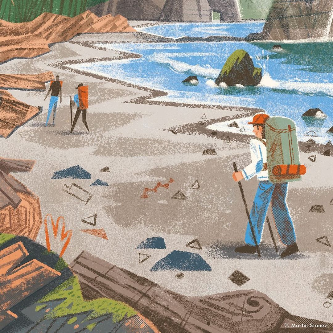 Illustration of three hikers with backpacks on a sandy beach near the ocean, with rock formations in the distance and driftwood in foreground.