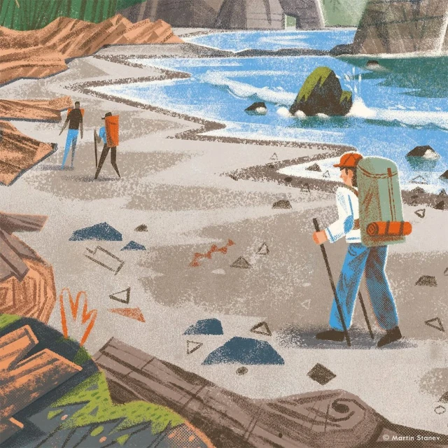 Illustration of three hikers with backpacks on a sandy beach near the ocean, with rock formations in the distance and driftwood in foreground.