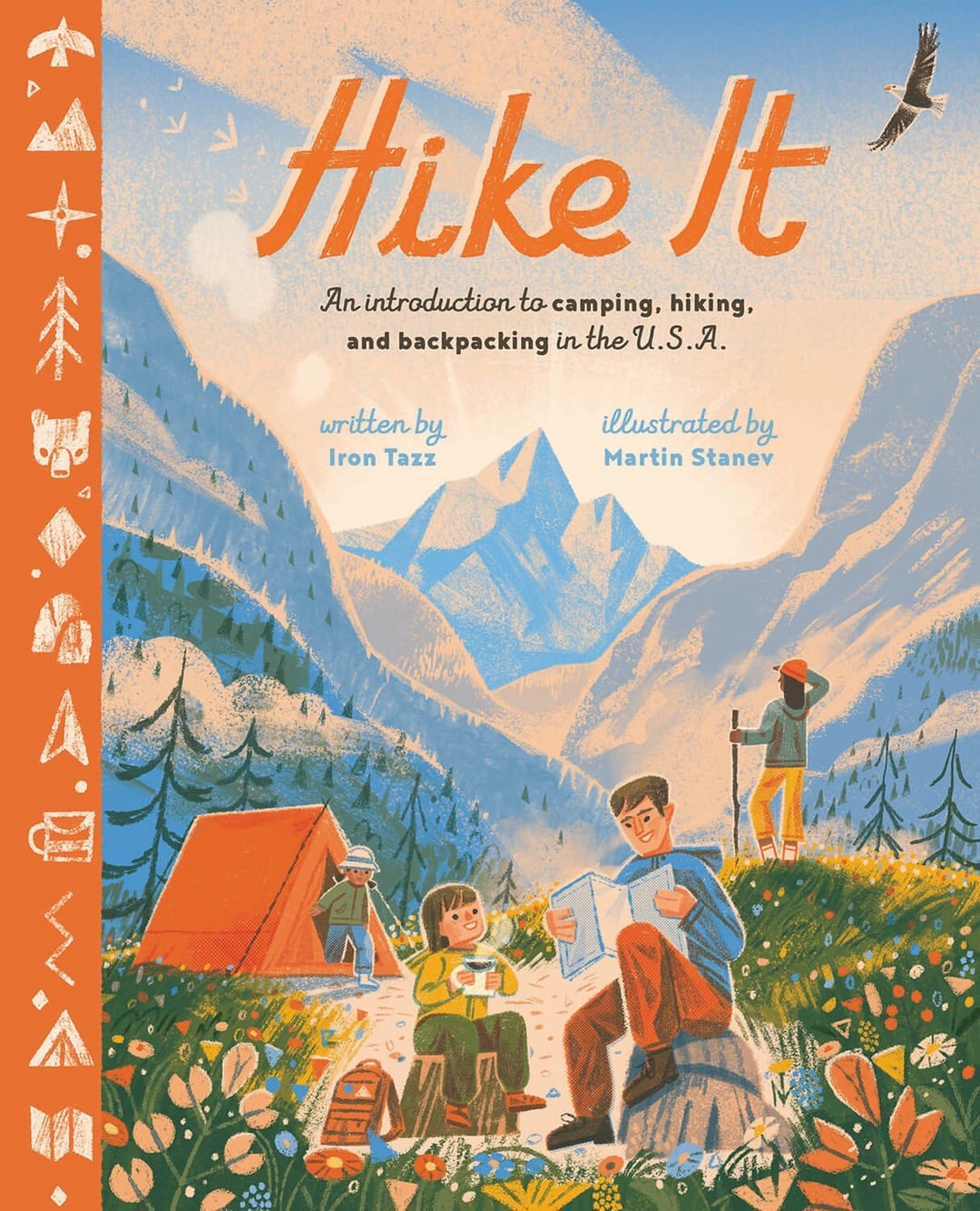 Illustration of a book cover, 'Hike It,' featuring people camping, hiking, and backpacking in a mountain landscape with wildflowers.