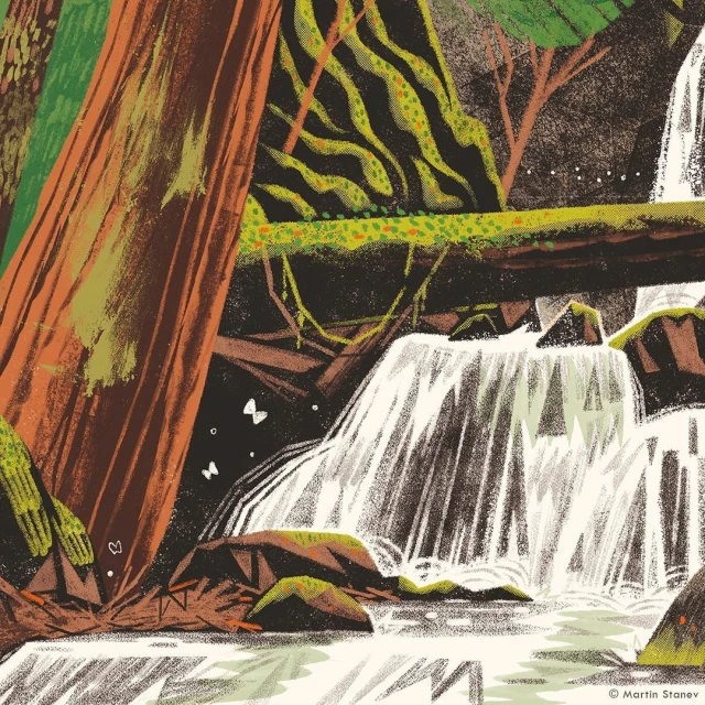 Illustration of a forest scene with a waterfall, trees, and mossy rocks in shades of brown, green, and white, with a touch of fantasy.