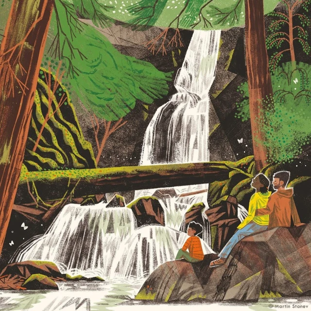 Illustration of a family sitting on rocks near a waterfall in a forest, with lush green trees and foliage surrounding them in natural light.
