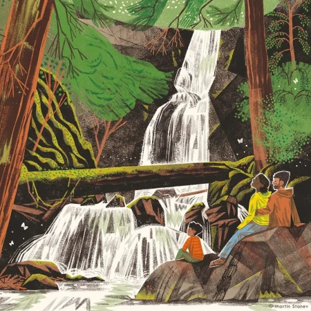 Illustration of a family sitting on rocks near a waterfall in a forest, with lush green trees and foliage surrounding them in natural light.