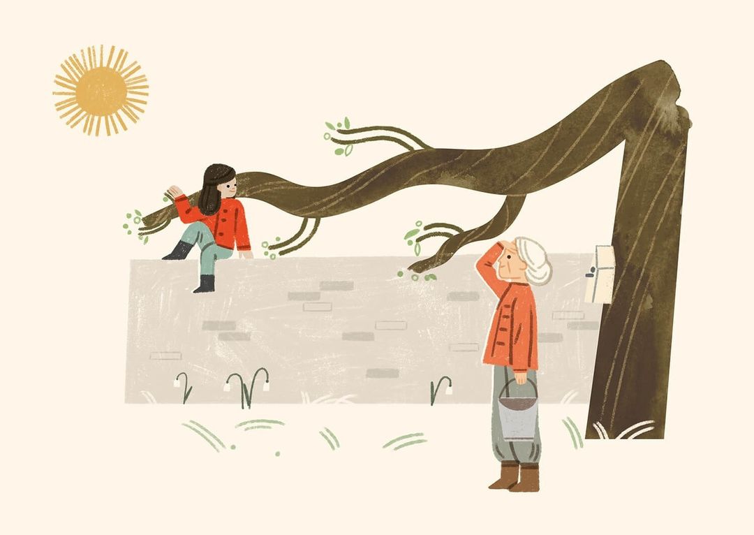 Illustration of a girl sitting on a brick wall under a tree, with an adult woman holding a bucket looking up at her in an outdoor scene.