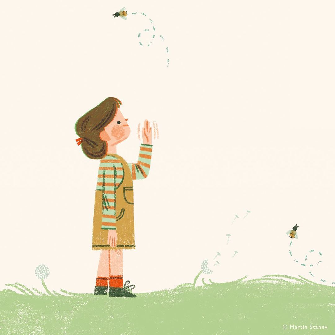 Illustration of a young girl in a yellow dress outdoors reaching towards dandelion seeds in the air against a light background.