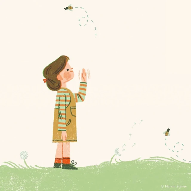 Illustration of a young girl in a yellow dress outdoors reaching towards dandelion seeds in the air against a light background.