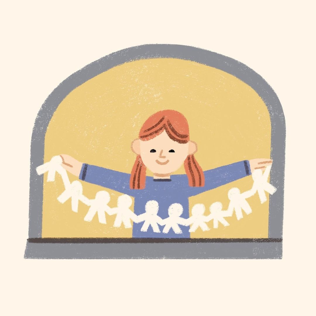 Illustration of a child holding a paper doll garland in front of an arched window, rendered with textured, cartoonish style and warm colors.