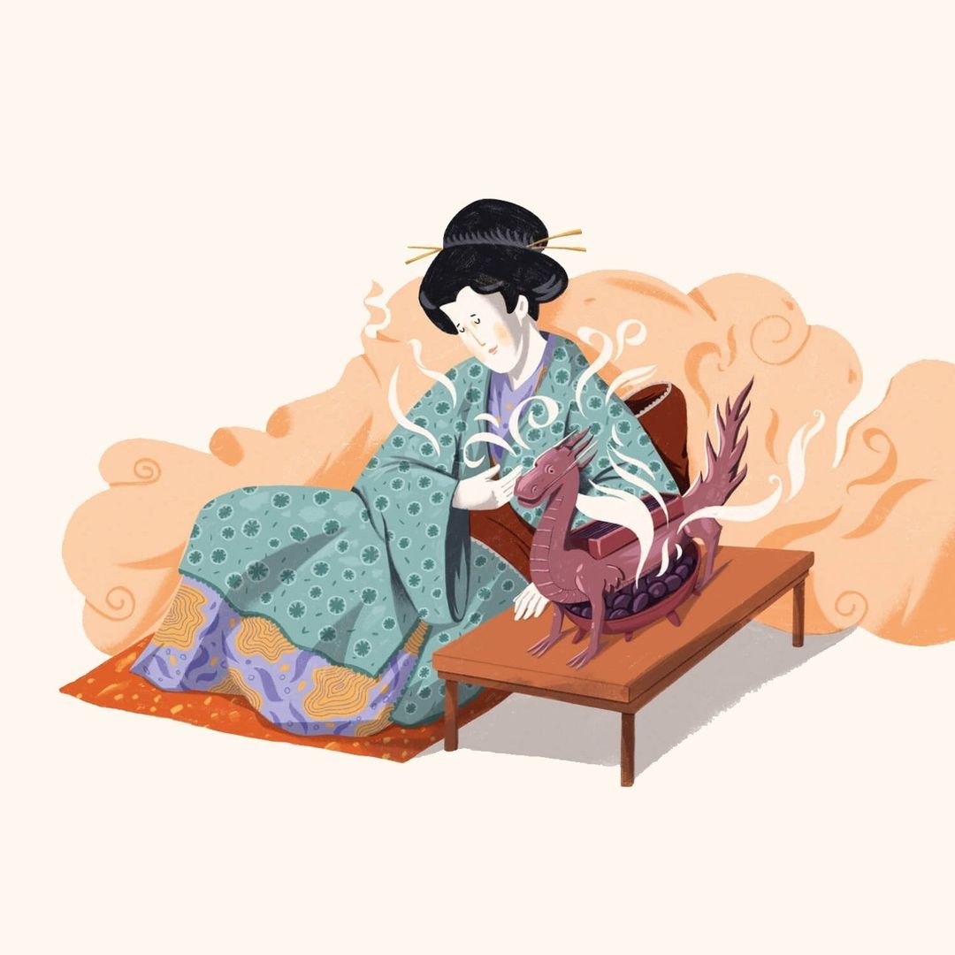 Illustration of a woman in a kimono sitting next to a table with a small dragon statue and rising steam or smoke in an indoor setting.