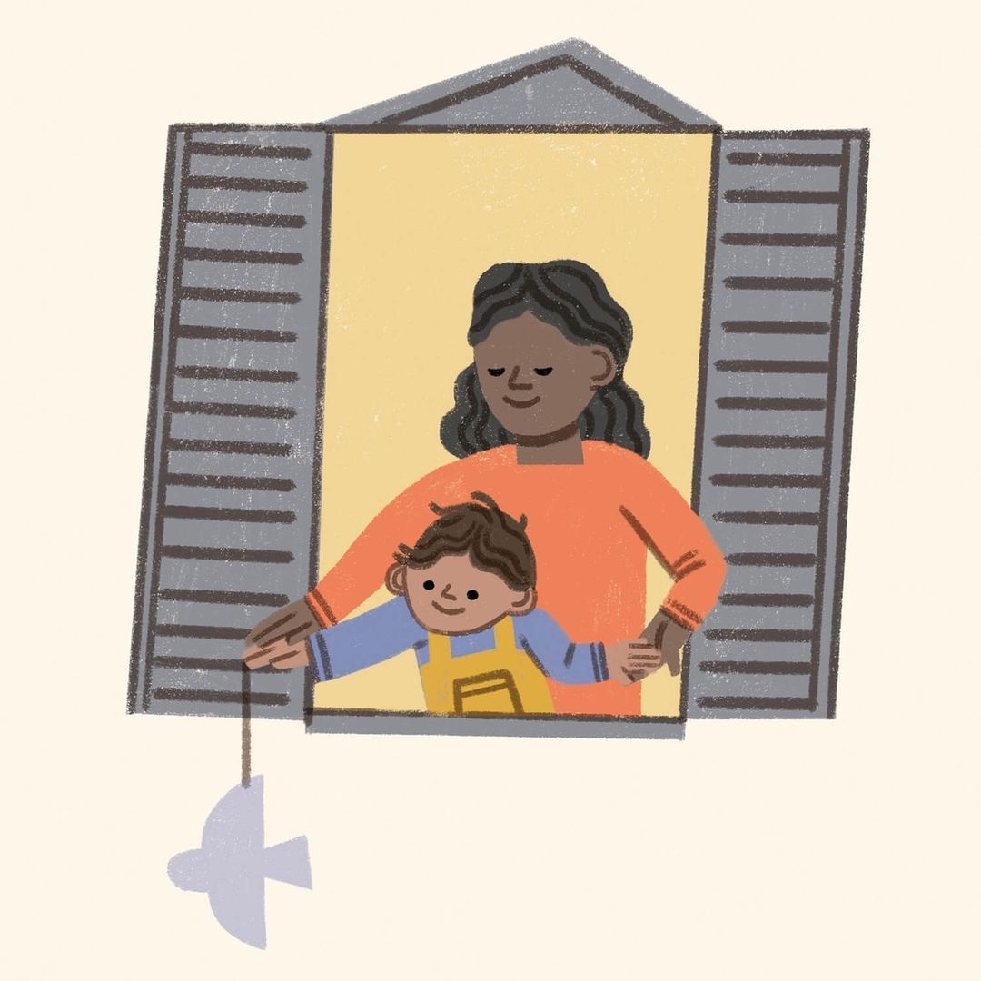 Illustration of an adult and child at a window, gazing at a dove mobile; colorful artwork; warm lighting and engaging imagery.