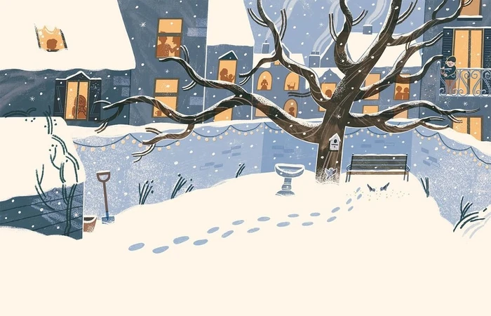 Winter village scene illustration with snow-covered ground, bare trees, and lit windows in the background buildings by Martin Stanev