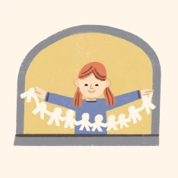 Digital illustration of a young girl with reddish-brown hair holding a string of white paper dolls inside an arched frame by Martin Stanev.