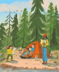 Digital illustration by Martin Stanev of a family camping in a forest with an orange tent, tall pine trees, and a map.