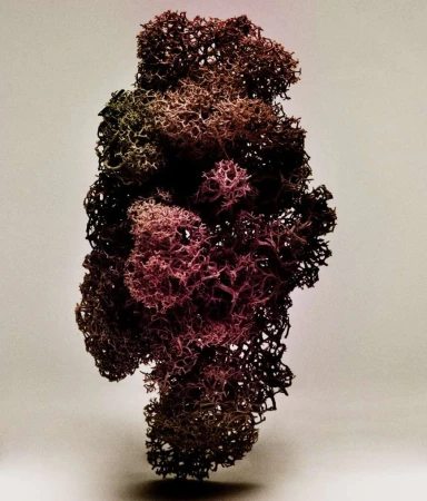 Detailed close-up of a complex coral-like structure in shades of pink and brown, set against a plain, neutral background, showcasing intricate texture.