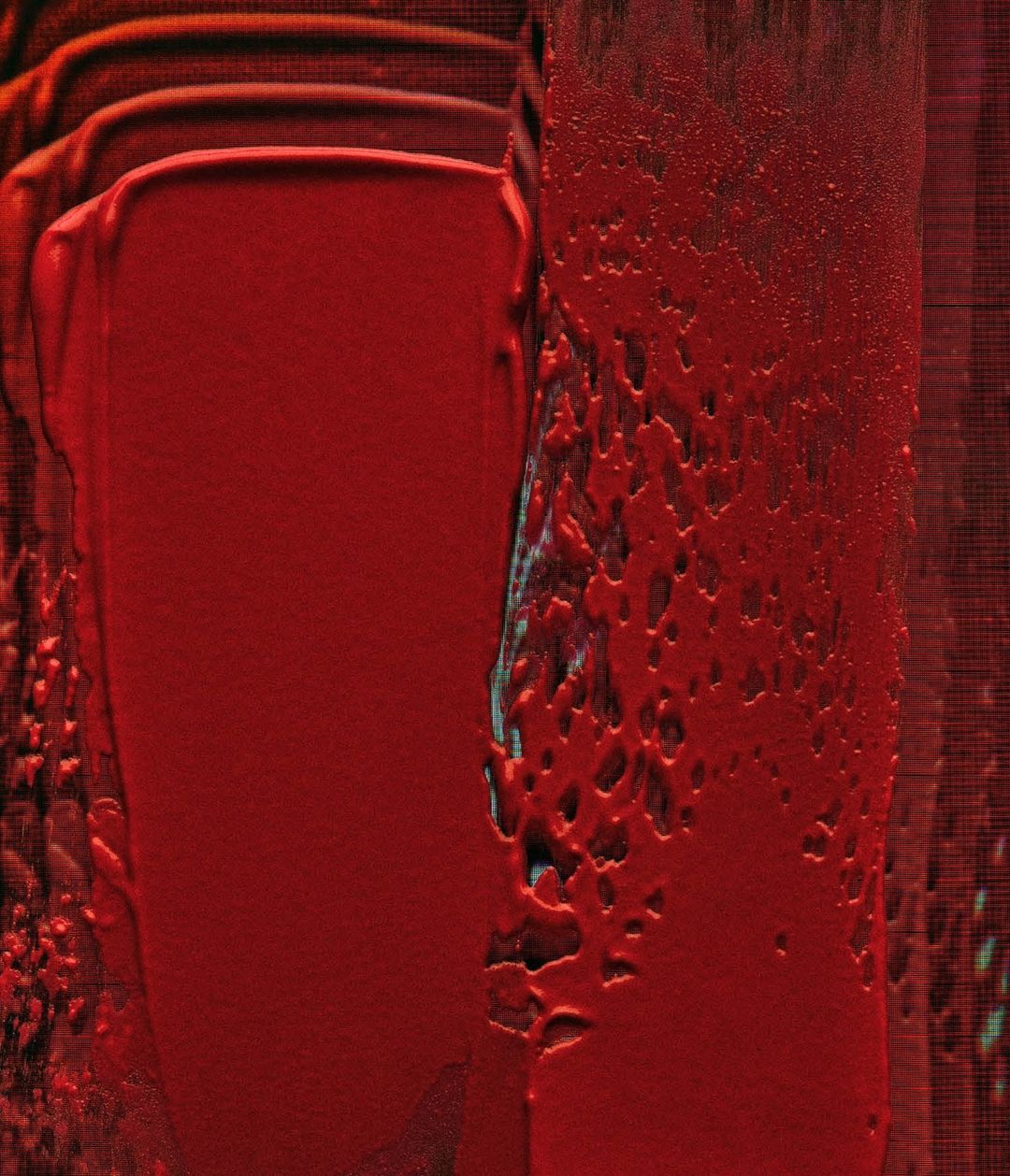 Abstract painting featuring textured strokes of vibrant red paint, creating a visually striking and dynamic composition.