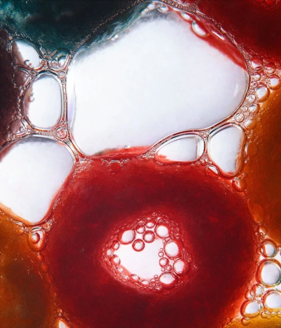 Macro photograph of vibrant, colorful liquid and soap bubbles forming an abstract design with shades of red, orange, green and white.