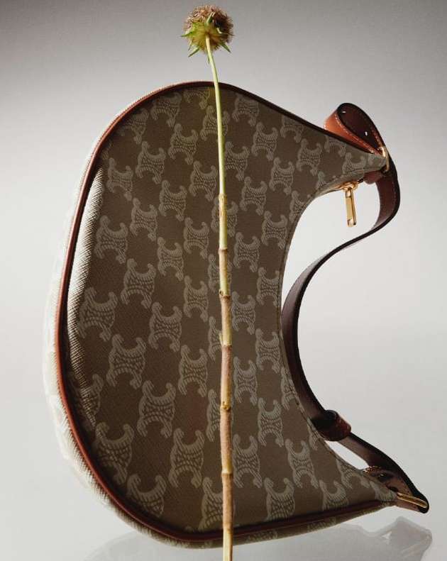 Tan patterned Celine handbag with brown leather trim sits next to a single stem flower with a green globe-shaped head, on white surface.