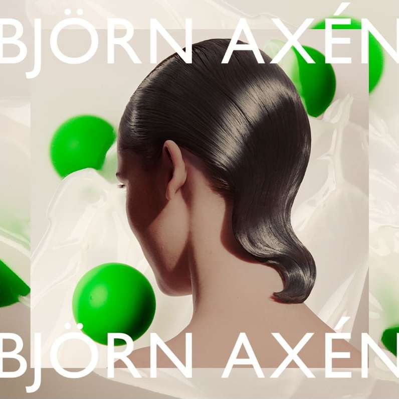 Close-up of a woman's sleek, dark hair styled in retro waves against a soft, neutral backdrop with floating green orbs and translucent material.