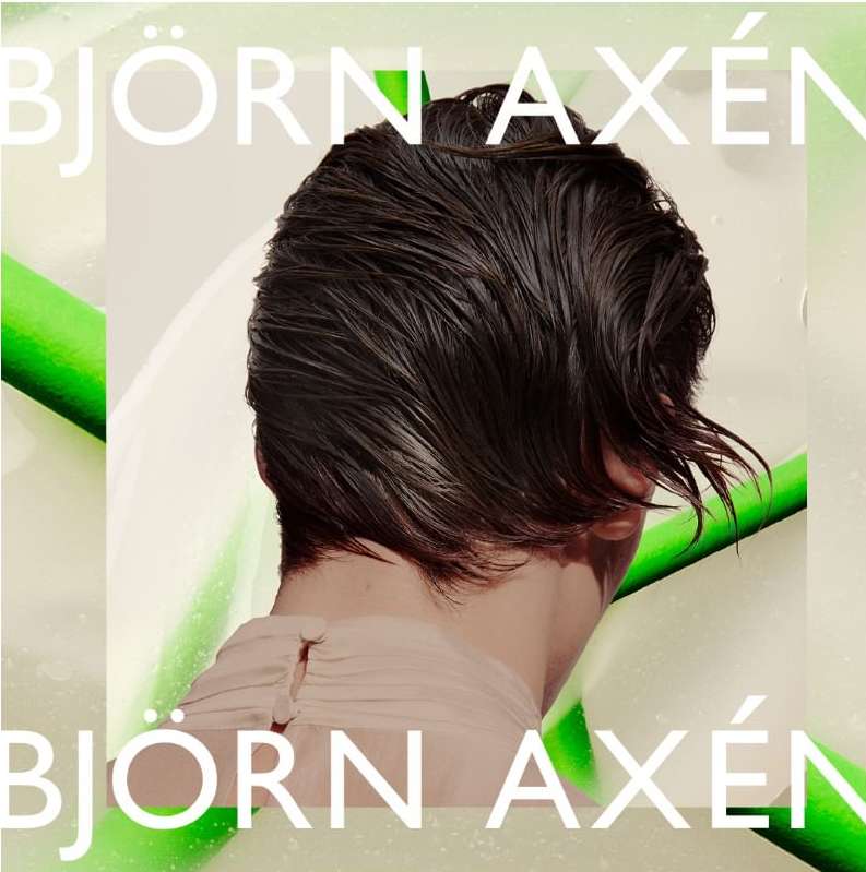Model showcases wet dark hair in a beauty advertisement for Bjorn Axen. Close up shot in light, muted color palette.