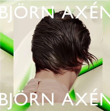 Model showcases wet dark hair in a beauty advertisement for Bjorn Axen. Close up shot in light, muted color palette.