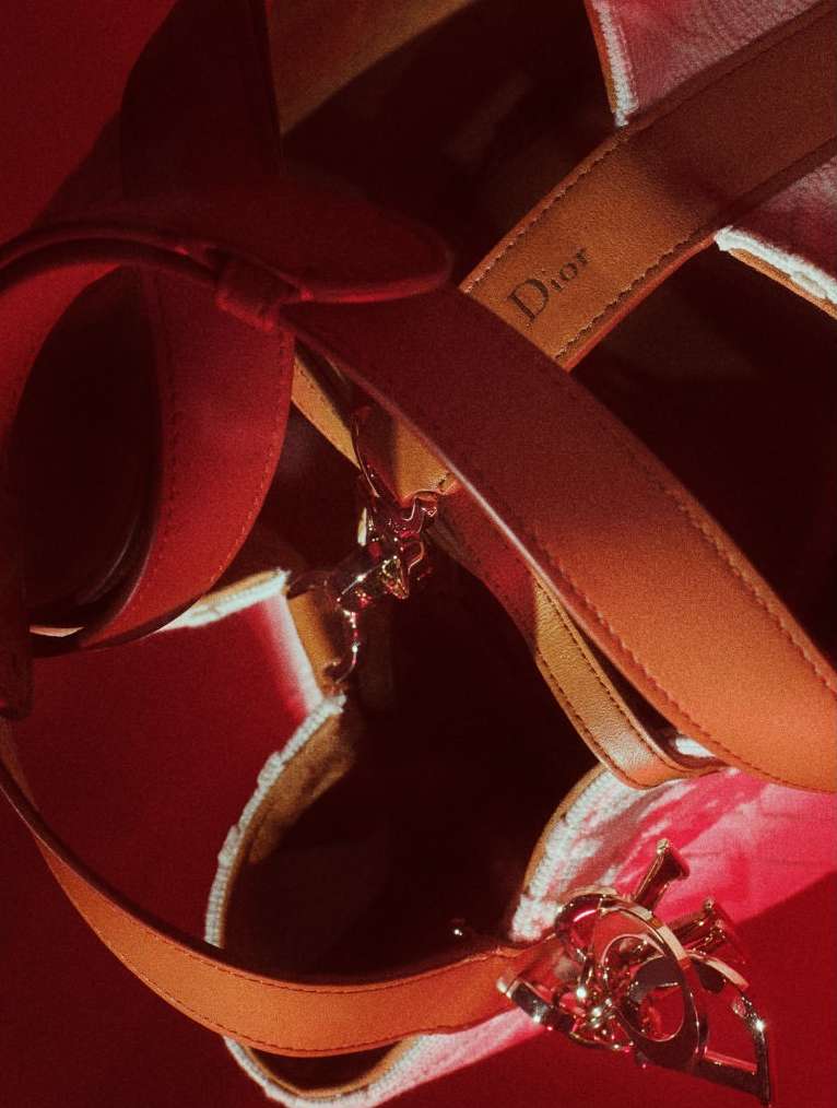 A high-angle shot of a tan leather handbag with golden hardware and an interior lining, set against a bright red background.