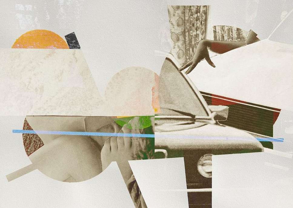 Abstract mixed-media collage featuring a human hand, car elements, geometric shapes, and vintage textures on a white background.