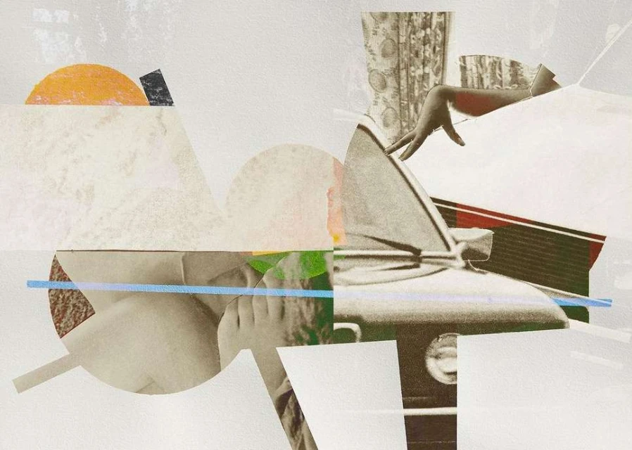 Abstract mixed-media collage featuring a human hand, car elements, geometric shapes, and vintage textures on a white background.