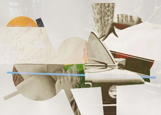 Abstract mixed-media collage featuring a human hand, car elements, geometric shapes, and vintage textures on a white background.