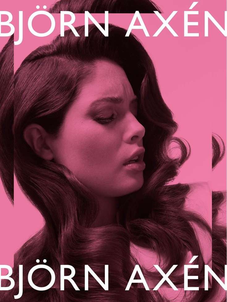 Adult female with long wavy brown hair in a portrait against a pink background. Text overlayed reads: Bjorn Axen.