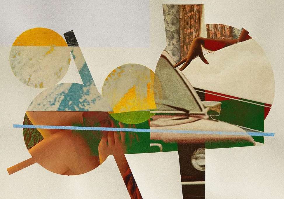 Abstract collage with geometric shapes, figures, an adult, and a vintage car, creating a visually intriguing composition on textured paper.