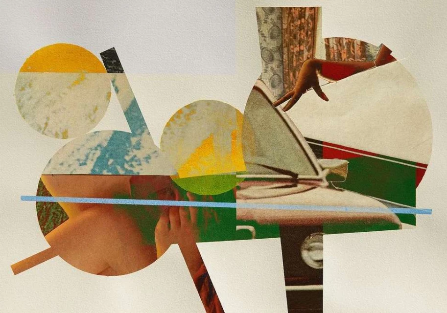 Abstract collage with geometric shapes, figures, an adult, and a vintage car, creating a visually intriguing composition on textured paper.