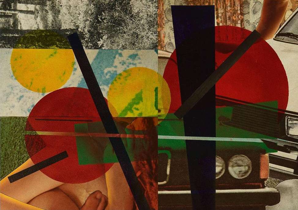 Abstract collage featuring geometric shapes, car parts, and nude human forms in overlapping layers of textures and colors.