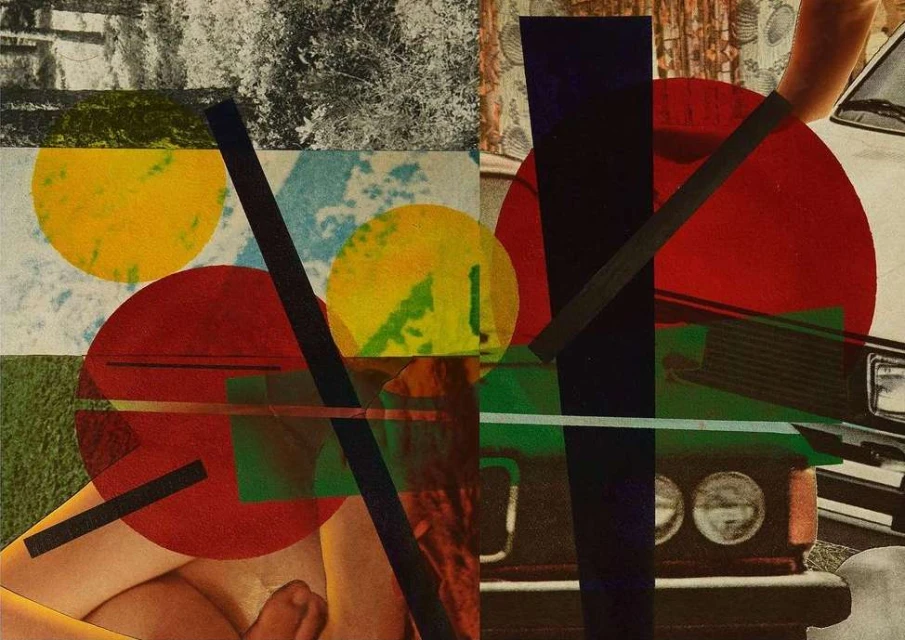 Abstract collage featuring geometric shapes, car parts, and nude human forms in overlapping layers of textures and colors.