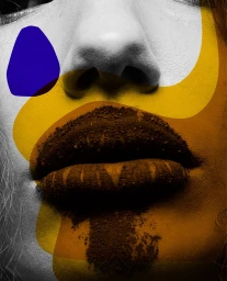 Close-up macro portrait of a person with textured lips and abstract colourful graphic shapes overlaid across face.