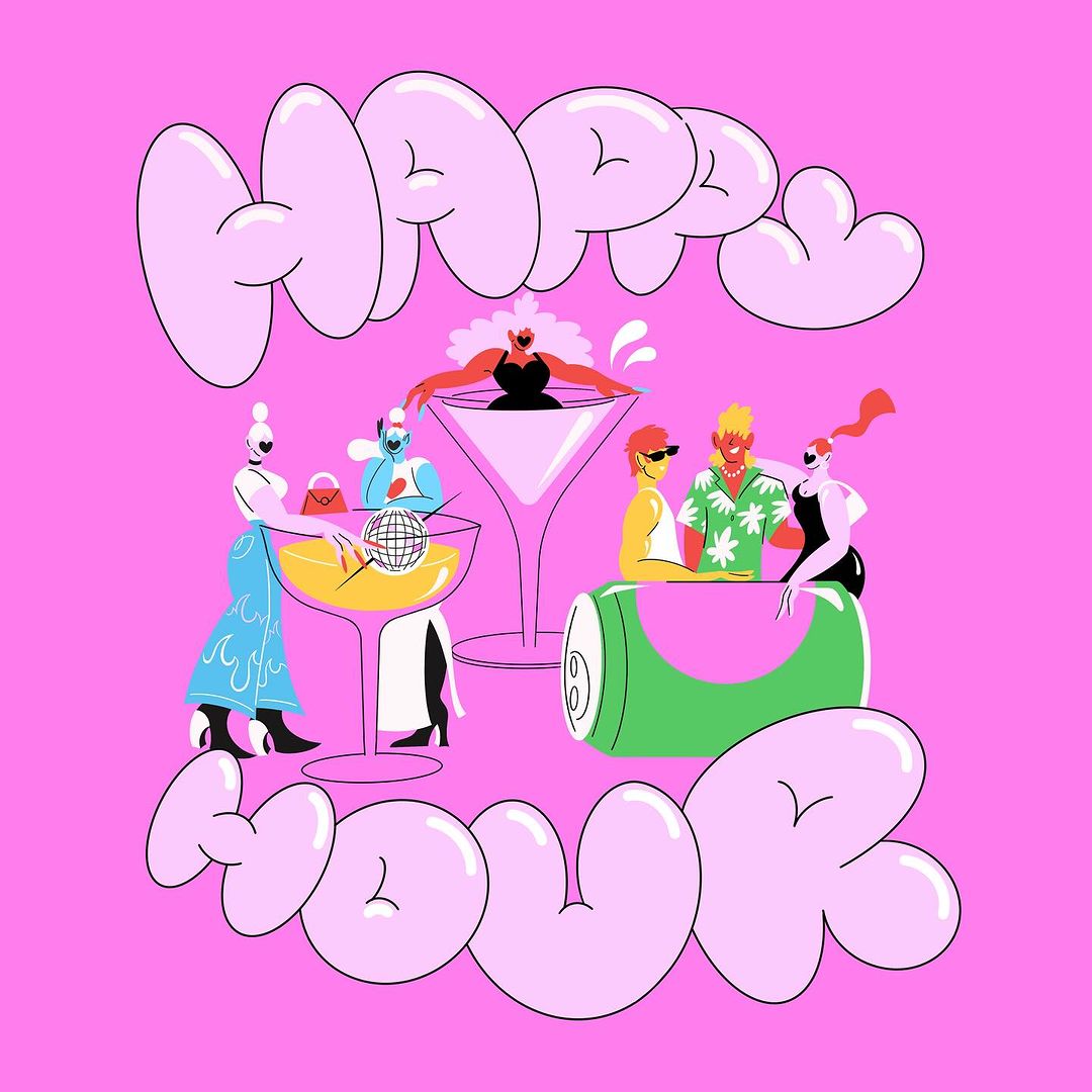 Illustration of people in cocktails and on an energy drink can, surrounded by the words 'Happy Hour' on a pink background.