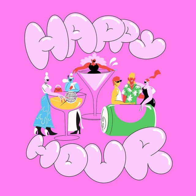 Illustration of people in cocktails and on an energy drink can, surrounded by the words 'Happy Hour' on a pink background.