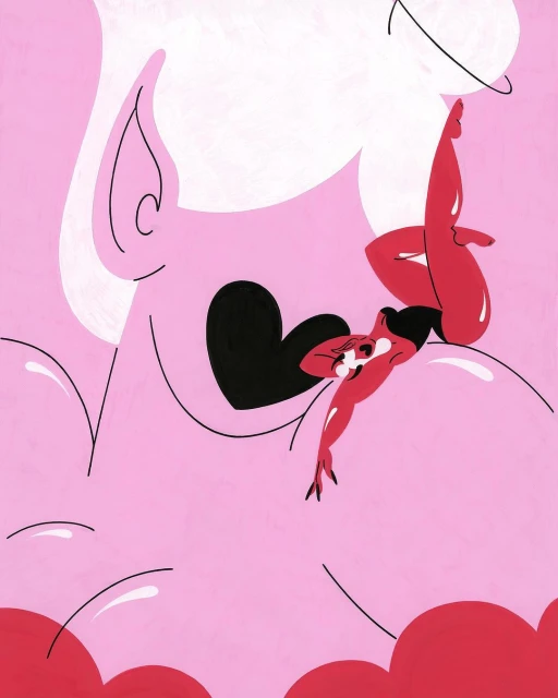 Whimsical illustration of a woman reclining on a white form against a pink background with black and red details, cartoon style.