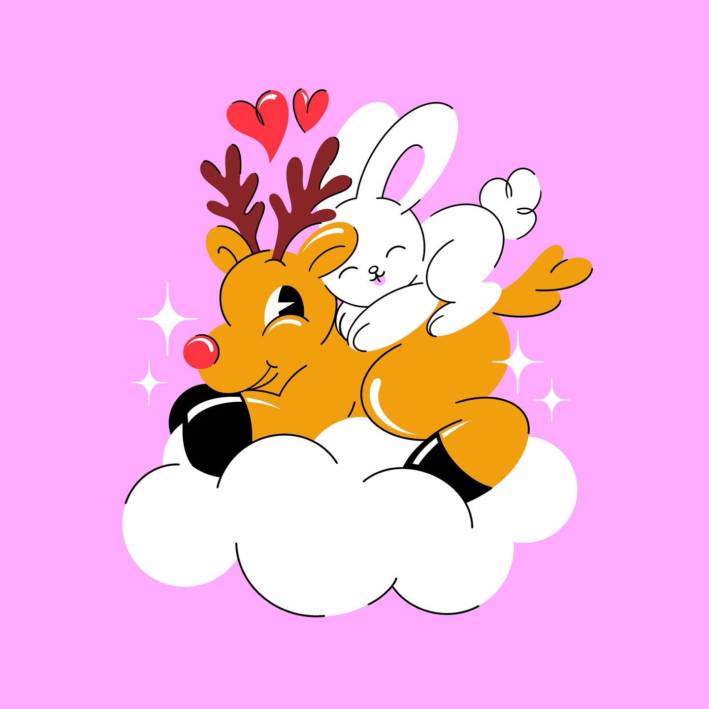 Illustration of a cartoon deer with a red nose, lying on a cloud, with a rabbit on its back, and hearts floating above on a pink background.
