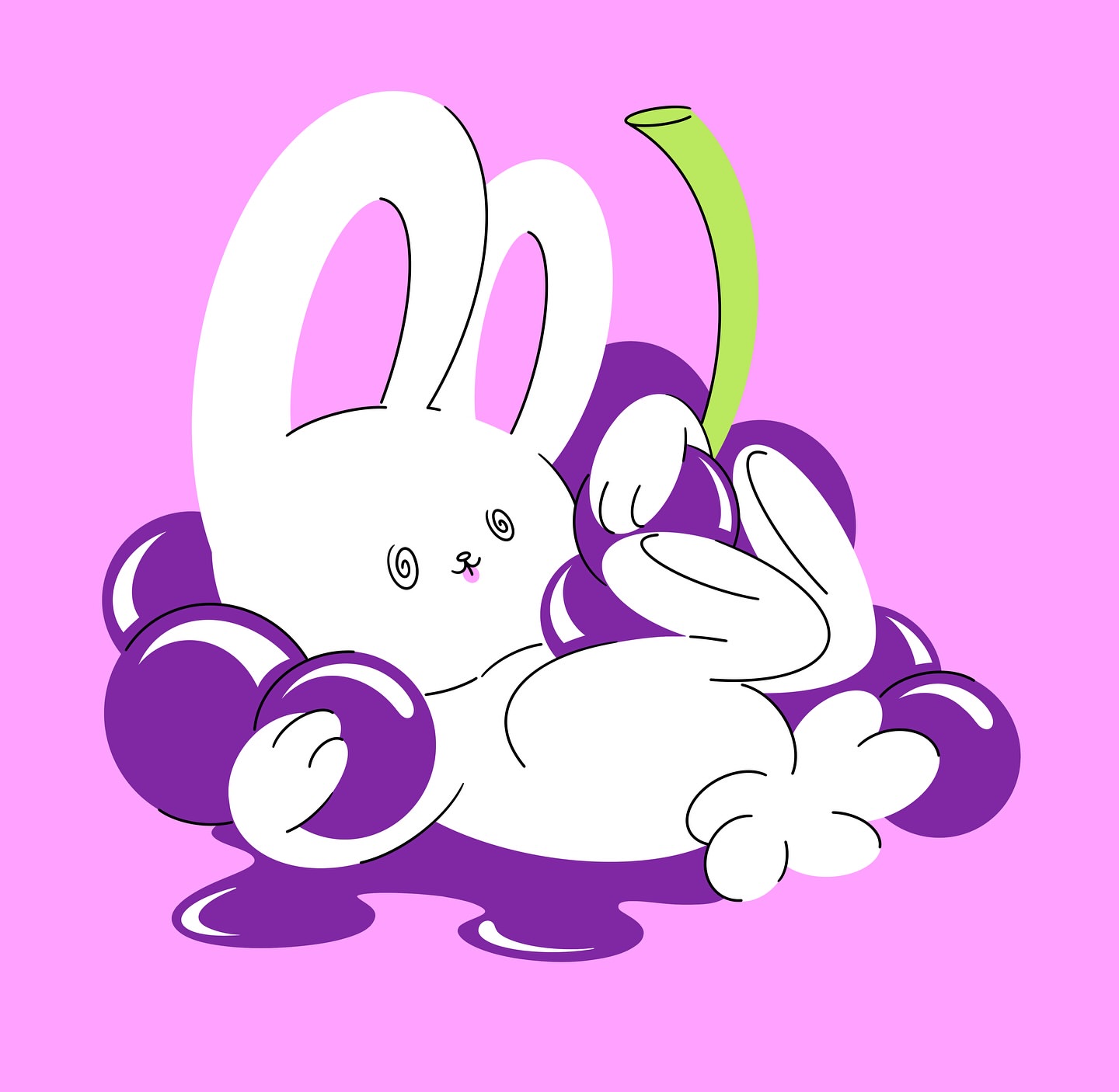 Illustration of a white cartoon rabbit lounging amongst purple grapes against a pink background in a playful and whimsical style.