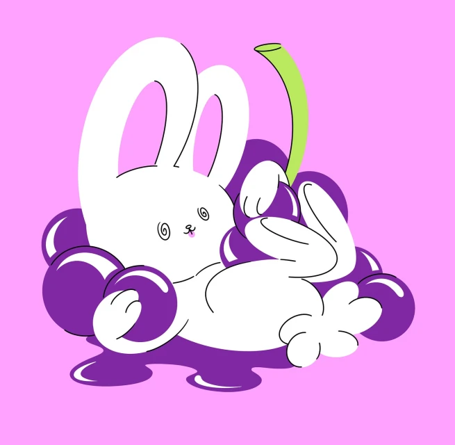 Illustration of a white cartoon rabbit lounging amongst purple grapes against a pink background in a playful and whimsical style.