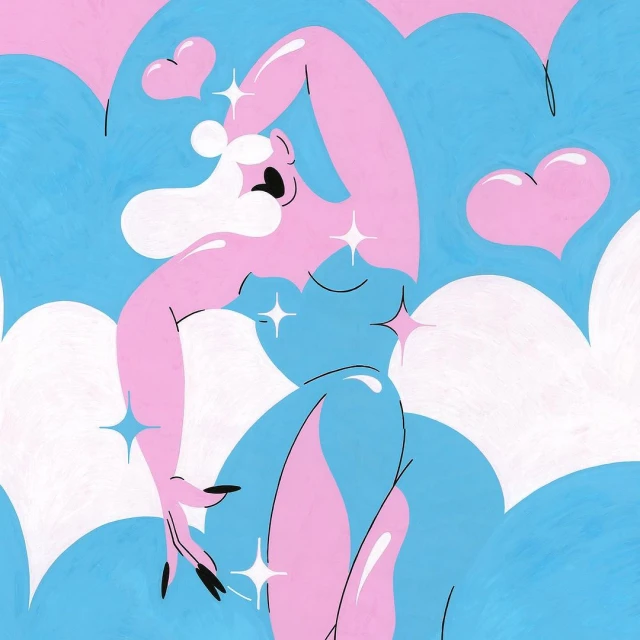 Illustration of a stylized woman with blonde hair and pink skin posing against a blue and white cloud background with heart shapes.