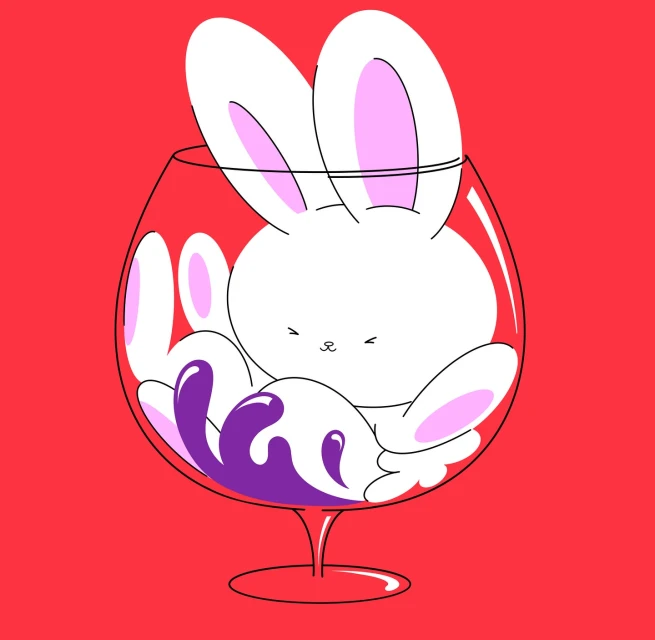 Illustration of a white cartoon rabbit sitting in a clear wine glass with purple liquid, set against a solid red background.
