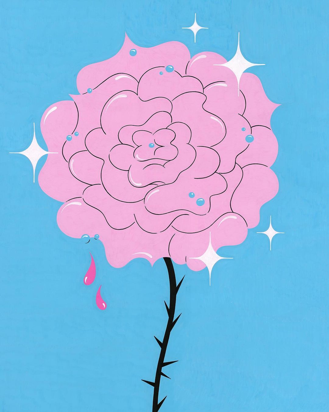 Illustration of a stylized pink rose with a black stem and thorns on a light blue background, featuring sparkles and dewdrop accents.