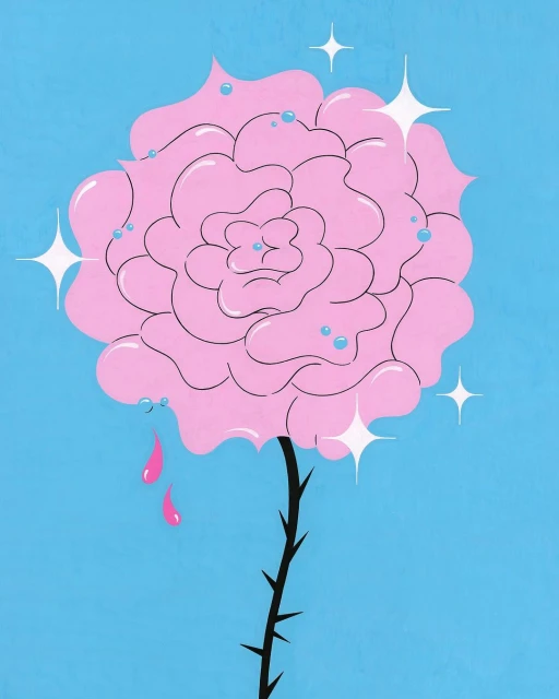 Illustration of a stylized pink rose with a black stem and thorns on a light blue background, featuring sparkles and dewdrop accents.